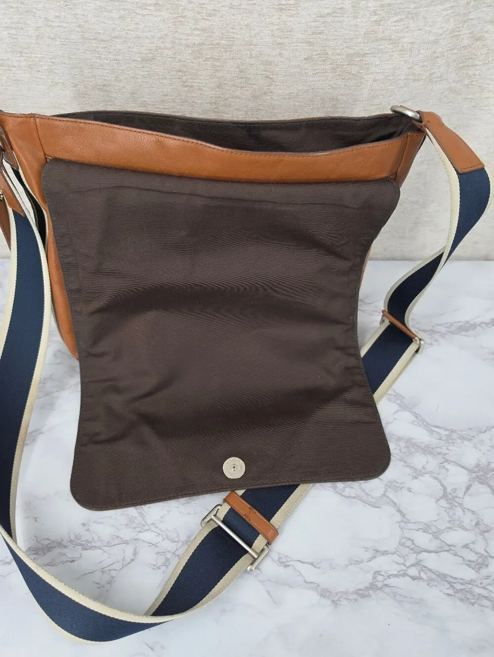 Coach Tan Leather Messenger Bag with Navy Web Strap